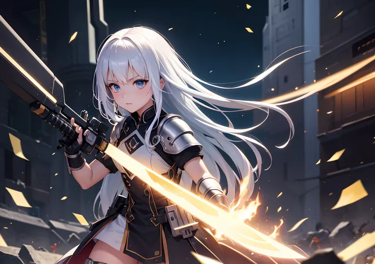 a girl with white hair and blue eyes holding a sword, a manga drawing by Pu Hua, pixiv contest winner, rayonism, official art, made of crystals, 2d game art, small, [comic climax shot: 1] [cryengine:1.1] [realisticvision:1] ([f2.8 1/200 4000]:1) (128k UHD1...