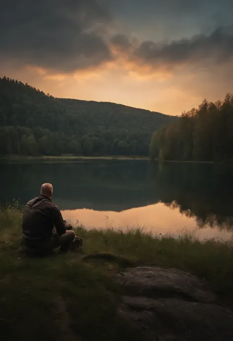 Ein ultrarealistisches Foto einer Totalaufnahme von Jason Voorhees sitzt an einem See mit Wald drumherum, receives a shield high, auf dem steht: "Happy Friday, den 13., Best wishes" Blick auf die mittlere Kamera, Perfekte Komposition, beautiful, detaillier...