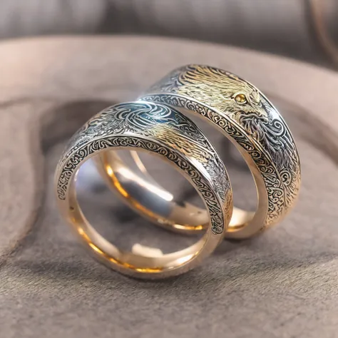 couple ring, golden platinum, dragon engraved, phoenix engraved, purple light streams emanating from the rings