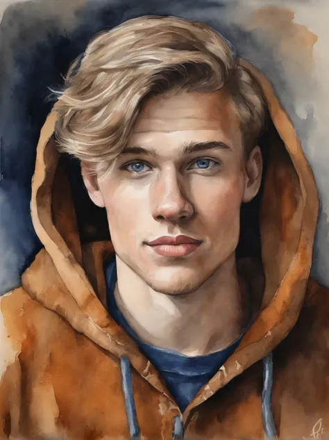 23 year old Dutch guy, dark blonde hair, dark blue eyes, looking proud, standing straight, light skin, wearing a brown hoodie, hair is like frenkie de jong