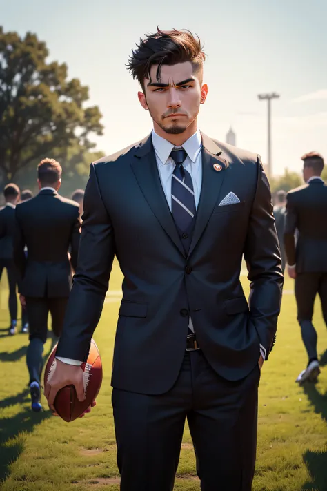 Generate an illustration of a group of young people playing football in a cemetery. Show the mayor with a stern look that berates the players. Make sure the cemetery is clearly identifiable.