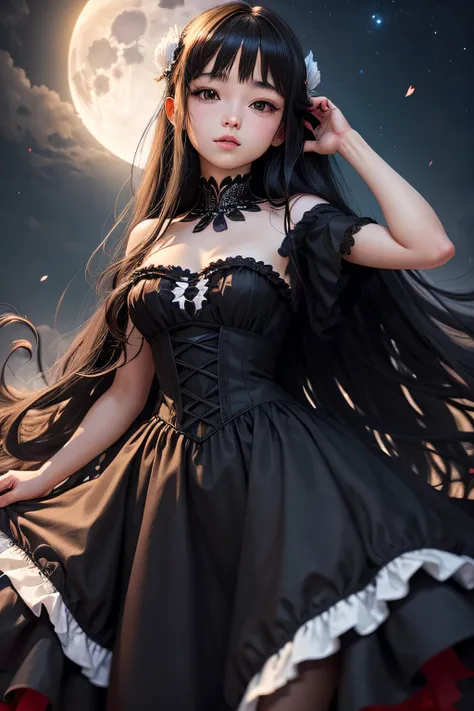 Under the moonlight,Innocent,Pretty black hair,Long hair,princess,The dress,s whole body