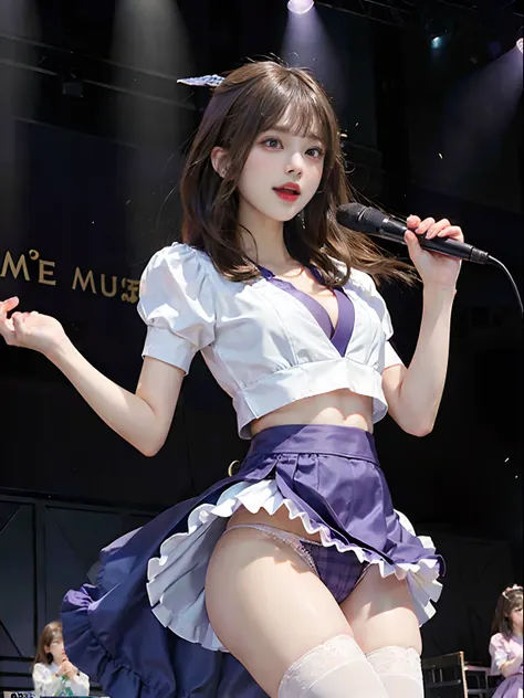 majicMIX Real、((Nogizaka46 A girl is singing))、(Raw photography:1.2)、(Photorealsitic)、(Beautiful Detail Beauty Japan Nogizaka 46 Costume)、(skirt by the)、drooing eyes(Light brown eyes)、((Sing with your mouth wide open))、facial expression of smile、extremely ...