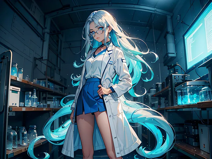 Beautiful woman standing, Laboratorio secreto, (((Usando jaleco de cientistas))), cientista, tubos de ensaio, detalhes em azul na sua roupa, atmosfera azul, (((Cabelo branco e longo))), (((micro skirt))), cabelos brancos longos, Mulher fazendo experimentos...