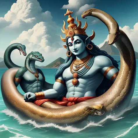 Samundra manthan,hindu gods and hindu evils fighting in sea, nearby a huge anaconda snake wrapped on a mountain mid in the sea,