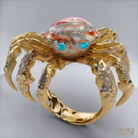 （Close-up of a ring of gravel opal：1.8）, Crab shape，（The crab body is made of a boulder opal），（Set with ruby cute crab eyes）（The mouth），Playful tentacles on the head，（2 crab clips wrapped around the ring handle：1.0），Complete limbs full of details，对称，（Profe...