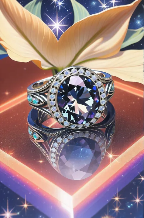 ((Masterpiece)), ((highest quality)), ((Nothing but the ring))，(No Human),The ring is set with a phoenix，starrysky，Wrapped around the end from beginning to end，Delicate silver ring， Starry sky in the ring,The sheen，inverted image，Sparkling blue-purple gems...