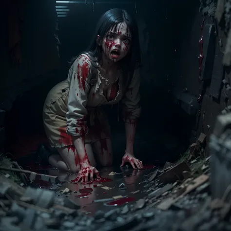 dead screaming girl climbing out of a hole in the ground with bloodied body, wide sad eyes, black hair, whitish eyes, expression of pain, bloody puddle, bloody dress, filthy dark basement full of garbage, darkness, fog, mist, creepy, UHD, high details, bes...