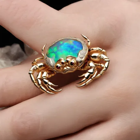 （Close-up of a circle of gravel opals：1.8）, Crab shape，（The crab body is made of gravel opal），（Set with ruby cute crab eyes）（The mouth），Playful tentacles on the head，（2 crab clips wrapped around the ring handle：1.0），Complete limbs full of details，对称，（Profe...