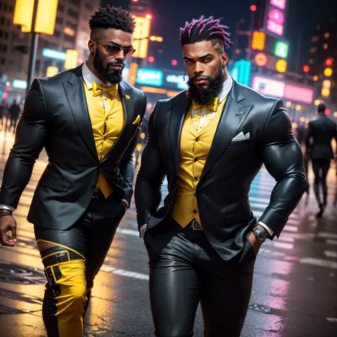 I would like a cyberpunk style image in 4k of 2 characters around 40 years old, African, strong, muscular, bodybuilder, very strong with black skin, big beard, beard, elegant Barbon, with 80s style punk hair in yellow and dark gray . , very elegant, futuri...