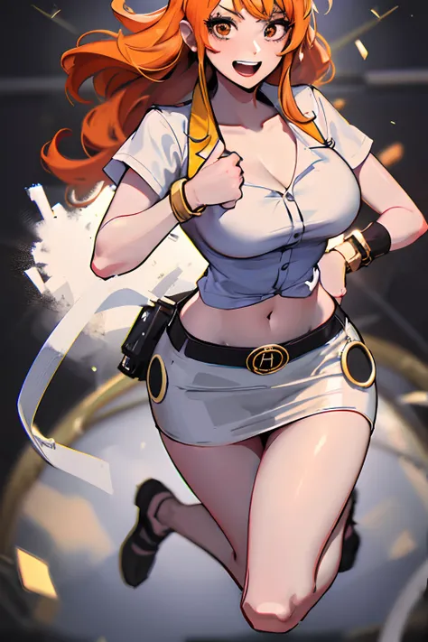 Nami from one piece. Wearing white shirt wirh tight micro skirt. ((4k)) ((ultraHd)). ((Full body)).