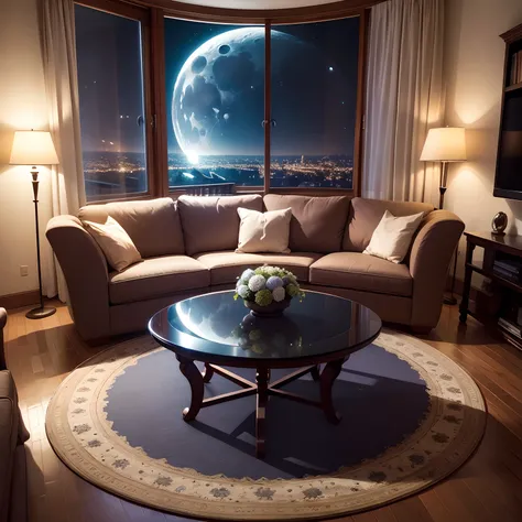 Round window　livingroom　Cute sofa　Star Carpet　Glass Table　The moon seen from the window