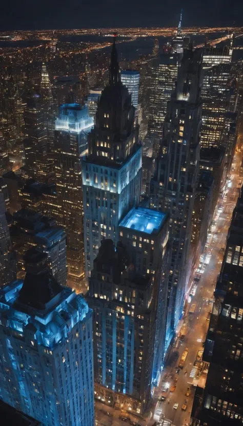 Night Aerial View of Cinematic Realistic Buildings with Blue Lights in New York City Windows Top View Down More Bluish Ambience