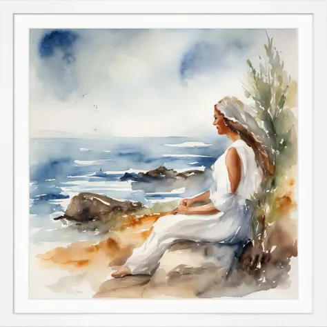 A white paper represented only in ink,1male people, 1womanl, Sea background,  ventania, watercolor paiting, Watercolor blur, ink and watercolor painting