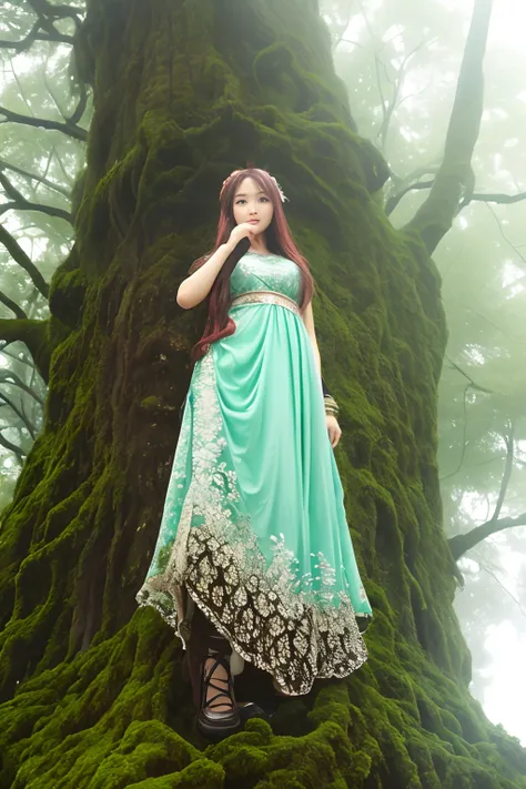 In a fantastic forest shrouded in mist、ancient tree々In the center of the row of、A beautiful fairy wearing mint leaves is floating。She has the appearance of a beautiful woman.、The figure is full of cleanliness。Although the surroundings are depicted in a rat...