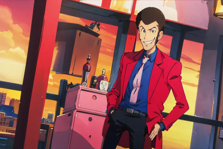 lupin, red jacket, pink tie, smile, 1boy, hands in pockets, newyork