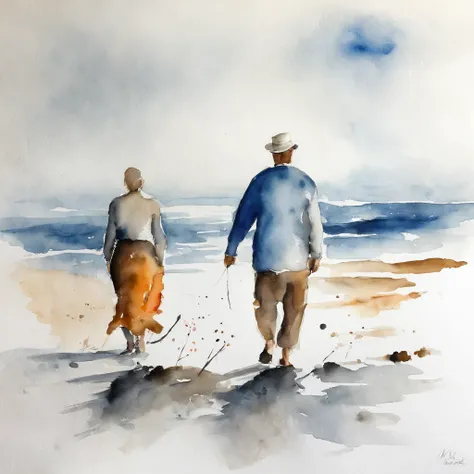 A white paper represented only in ink,1male people, 1womanl, Sea background,  ventania, watercolor paiting, aquarelle, ink and watercolor painting