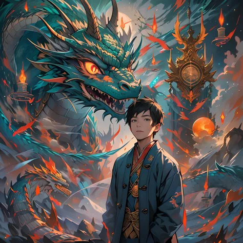 A tall and handsome young painter,Standing on the edge of the dream space, glowing eyes, The surreal scene is filled with symbols and patterns of different skills, in the style of the xing xing star art group, behind is a dragon, 32K,  Best Quality, Master...