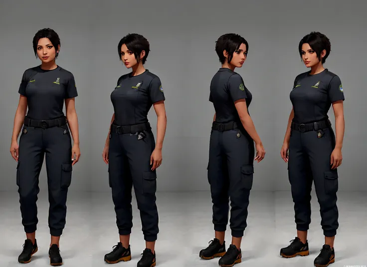 (melhor qualidade,4k,high resolution), (melhor qualidade,4k,high resolution),uma reviravolta de uma linda garota, cabelo pixie raspado muito curto, cabelo preto, olhos azuis, vestindo uma camiseta preta, cargo pants, cinto de ferramentas, manchas de graxa ...