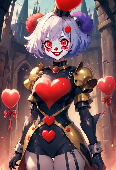 (clown power armor), ((little boy)) , (gothic style), dark skin , bellybutton, The most beautiful and sexy demon goddess,short hair, glowing red eyes, wearing detailed black gothic battle armor, (tattoos and piercings), gothic castle, perfect masterpiece, ...