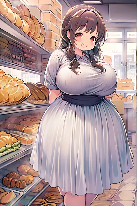 女の子1人、huge-breasted、kawaii、bbw、thick thight、big butts、Ultramammy,pleatedskirt、Bakery、Baker、Bread lining、A big smile