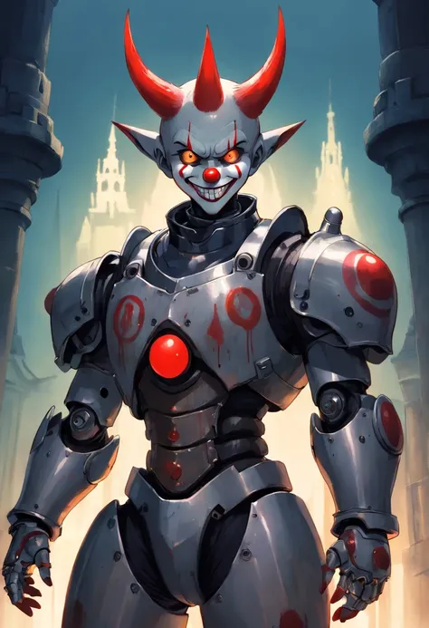 (clown power armor), ((little boy)) , (gothic style), dark skin , bellybutton, The most hansome  demon,short hair, glowing red eyes, wearing detailed black gothic battle armor, (tattoos and piercings), gothic castle, perfect masterpiece, high quality, high...