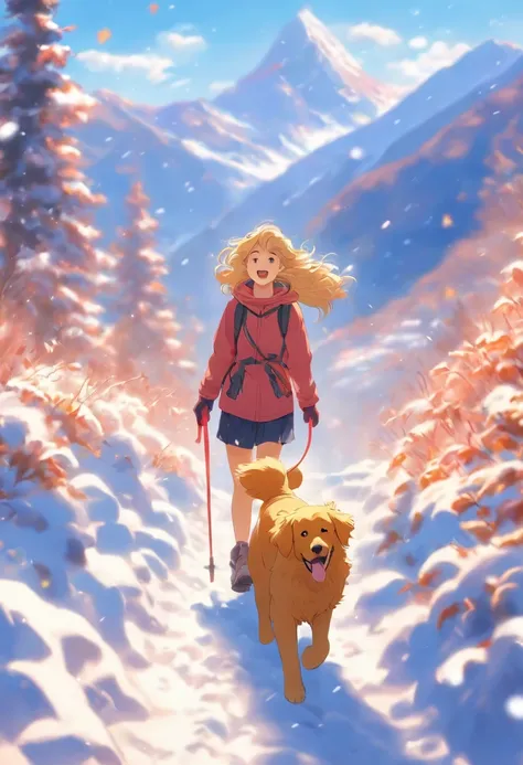 18-year-old girl, Happy and a golden retriever,Walk on mountain trails, There was snow on the road