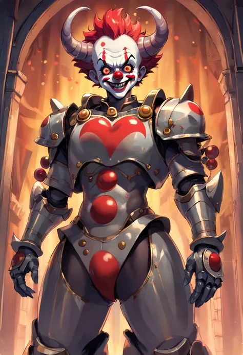 (clown power armor), ((little boy)) , (gothic style), dark skin , bellybutton, The most handsome and shirtless demon ,short hair, glowing red eyes, wearing detailed black gothic battle armor, (tattoos and piercings), gothic castle, perfect masterpiece, hig...