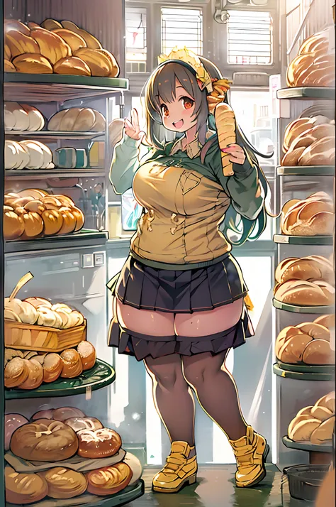 女の子1人、huge-breasted、kawaii、bbw、thick thight、big butts、Ultramammy,pleatedskirt、Bakery、Baker、Bread lining、A big smile