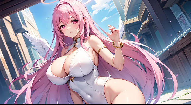 1 girl, game CG, 1 girl, game CG, see-through white leotard, cleavage visible, angel halo, angel wings, bangles, gigantic breasts, pink hair, long hair, straight hair, ahoge, pink eyes, temple,