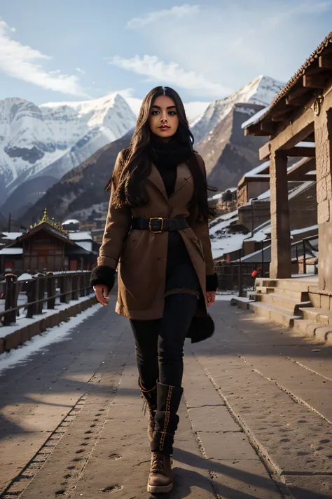 full body, black natural long hair, gorgeous, city girl, western, winter clothes, hot girl, walking outside Kedarnath Temple, Kedarnath temple in background, (masterpiece), best quality, high resolution, extremely detailed, blurred background, depth of fie...