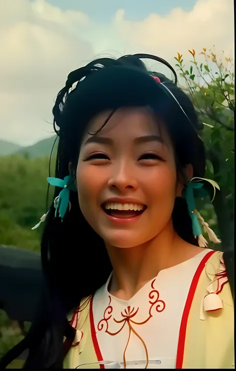 Smiling woman in traditional costume，with a big smile on its face, inspired by Li Mei-shu, bjork smiling, 张曼玉, and she smiling，Very happy, a young woman as genghis khan, Chinese woman, shes smiling, she expressing joy, A young Asian woman, An Asian woman, ...