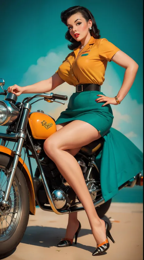 1950s Rockabilly Motorcycle pin up art, 20 years old girl sitting on the ground sheet,  retro pin up style, sexy, detailed everything, surprised, mini tight skirt, flowing skirt, colorful , orange and teal color scheme, masterpieces art work, illustrated,