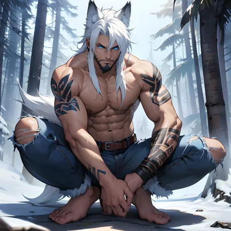 Muscular shirtless male wearing just a pair of torn jeans, has long white hair, has wolf ears, has glowing blue eyes, has light beard stubble, has wolf tail, solo, alone, (SOLO)(ALONE) shirtless, no shirt, (SHIRTLESS)(NO SHIRT), flexing, mystic backround, ...