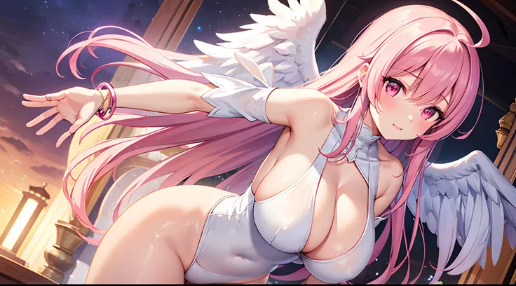 1 girl, game CG, 1 girl, game CG, see-through white leotard, cleavage visible, angel halo, angel wings, bangles, gigantic breasts, pink hair, long hair, straight hair, ahoge, pink eyes, shrine, blush, dynamic,