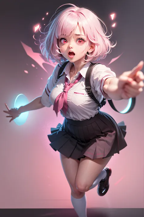 original character , 1girl, (unexpected feelings :1.5) , pink hair , white hair , short hair , bangs , crazy eyes , hands on face , white color scheme, open mouth, (wide-eyed:1.2), glowing eyes, pink eyes , pink eyes , schoolgirl , school uniform , extreme...