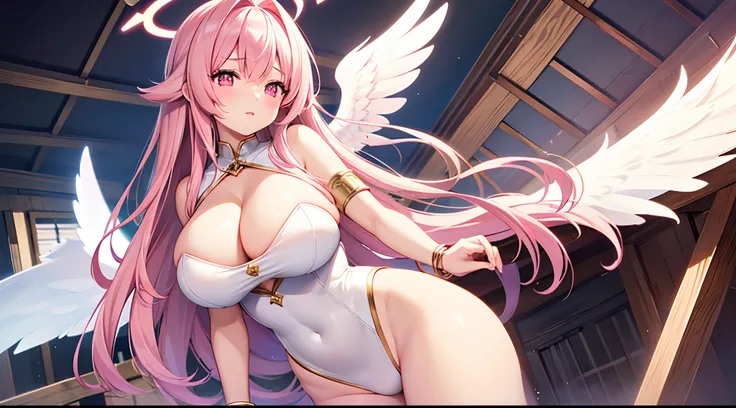 1 girl, game CG, 1 girl, game CG, see-through white leotard, cleavage visible, angel halo, angel wings, bangles, gigantic breasts, pink hair, long hair, straight hair, ahoge, pink eyes, shrine, blush, dynamic,