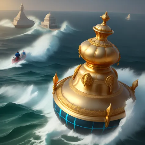 A huge golden pot mid in the sea,with blue poison,vaporise,   hindu kings running away from it