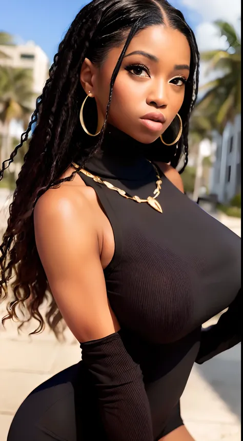 (masterpiece, best quality), beautiful black woman, detailed sleeveless turtleneck top, pants, necklace, wavy hair, perfect face, beautiful face, alluring, big gorgeous eyes, open mouth, happy, perfect slim fit body, (outdoor), Fort Lauderdale city streets...