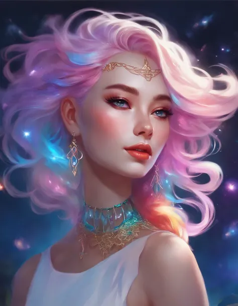 Close-up of a woman with colorful hair and necklace, anime girl with cosmic hair, soft vitality of Rossdraws, artwork in Guvez style, fantasy art style, colorful], vibrant fantasy style, Rossdraws cartoon full of vitality, cosmic and colorful, Guweiz, colo...