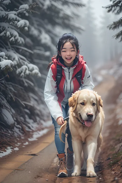 18-year-old girl,Clear facial features, Happy and a golden retriever,Walk on mountain trails, There was snow on the road.