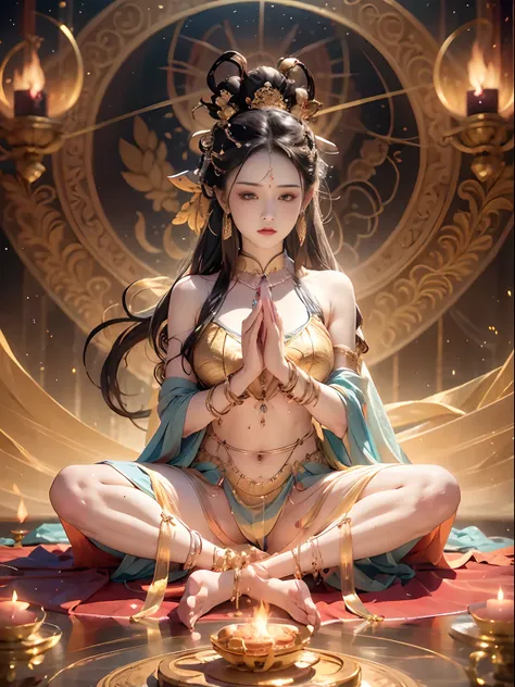 goddess of immortality with very delicate features, sit cross-legged and meditate. her body is partially covered with a pale clo...