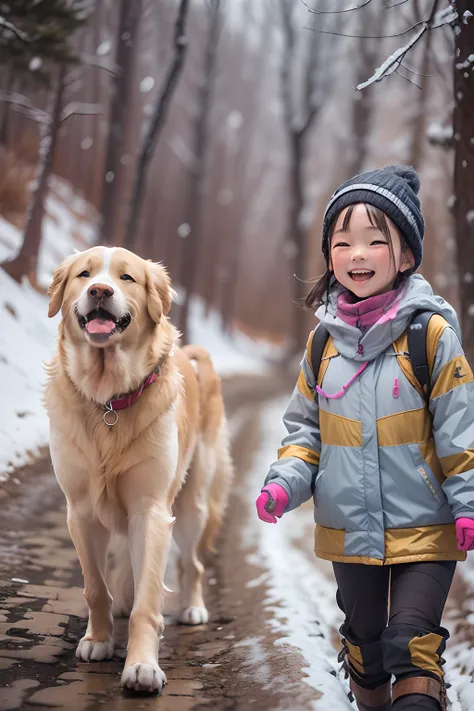 8-year-old girl,Clear facial features, Happy and a golden retriever,Walk on mountain trails, There was snow on the road.