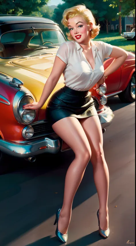 20 years old marilyn monroe sitting on the ground sheet, in front of a retro car, vintage, retro pin up style, sexy, detailed ev...