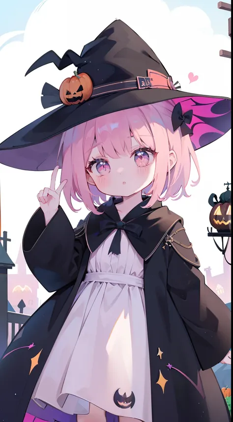 One girl、the witch、witch outfit、witchs hat、cute little、​masterpiece、top-quality、Top image quality、A pink-haired、Pink eyes、Two knots、Halloween、Trick or Treat