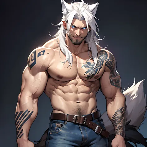 Muscular shirtless male wearing just a pair of torn jeans, has long white hair, has wolf ears, has glowing blue eyes, has light beard stubble, has wolf tail, solo, alone, (SOLO)(ALONE) shirtless, no shirt, (SHIRTLESS)(NO SHIRT), flexing, mystic backround, ...