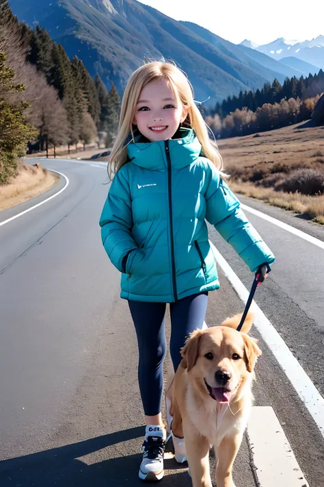 8-year-old girl, Happy and a golden retriever,Walk on mountain trails, There was snow on the road.