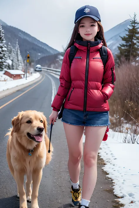 18-year-old girl, Clear facial features, half body shot, Happy and a golden retriever,Walk on mountain trails, There was snow on the road.