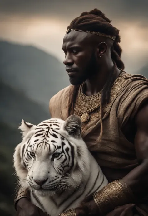 An african ancient warrior with White tiger，Mountain and Sea Scriptures，Mythical beasts，Handsome，Missing characters