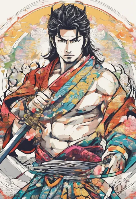 Masculine samurai without shirt, use sword